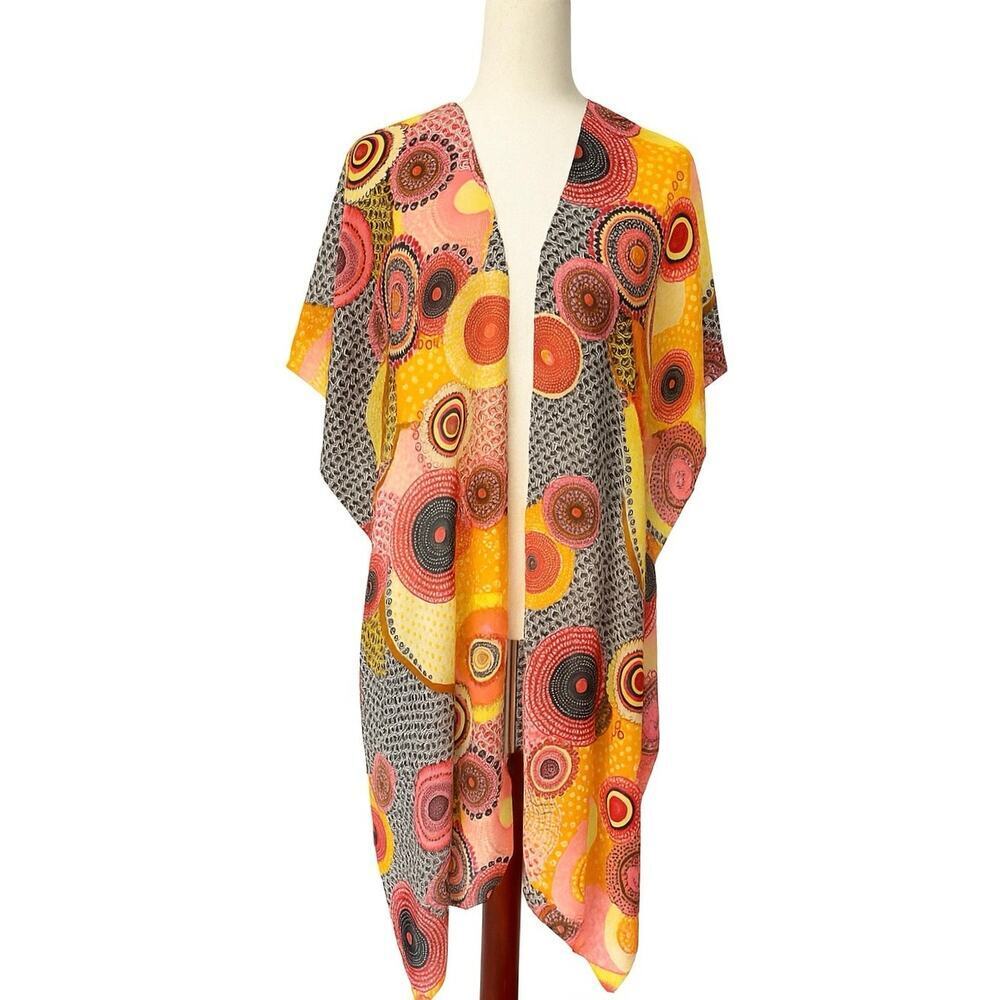 Jessica McClintock Sheer Kimono Wrap Multicolor Boho Circle Print Cover Up